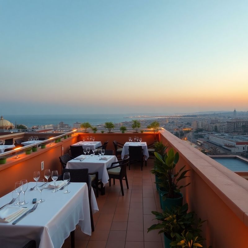 Rooftop dining terrace at Terraeswift at sunset with the Mediterranean glowing amber behind the tables