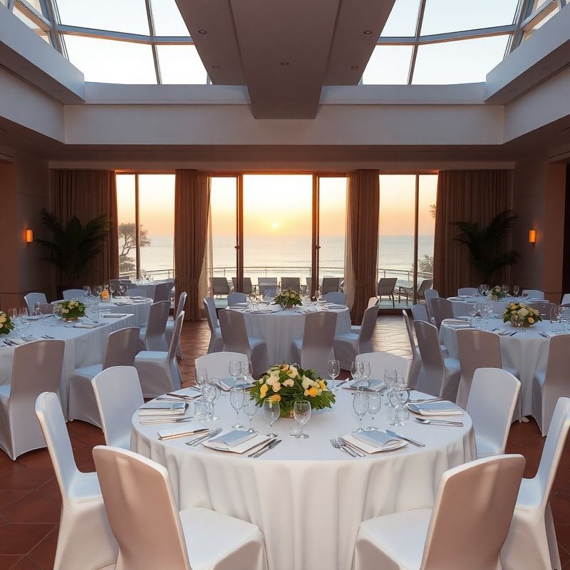 Event space at Terraeswift with round tables and emerald floral centrepieces facing the Mediterranean