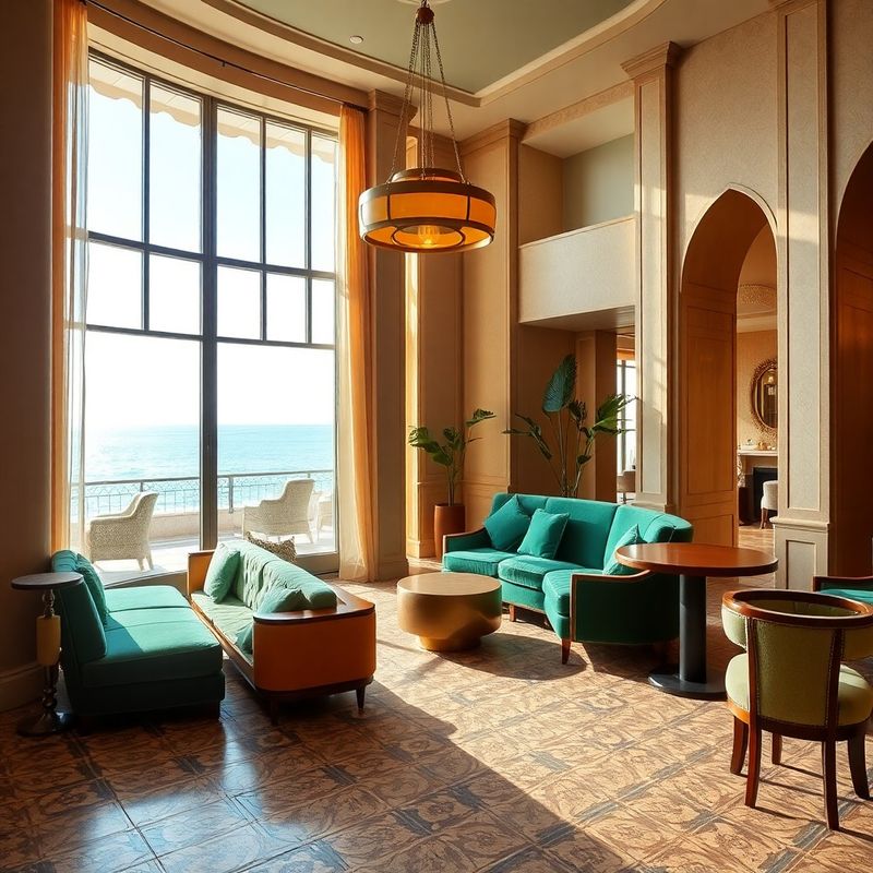 Terraeswift lobby with emerald-fresh upholstery and warm brass pendant lights