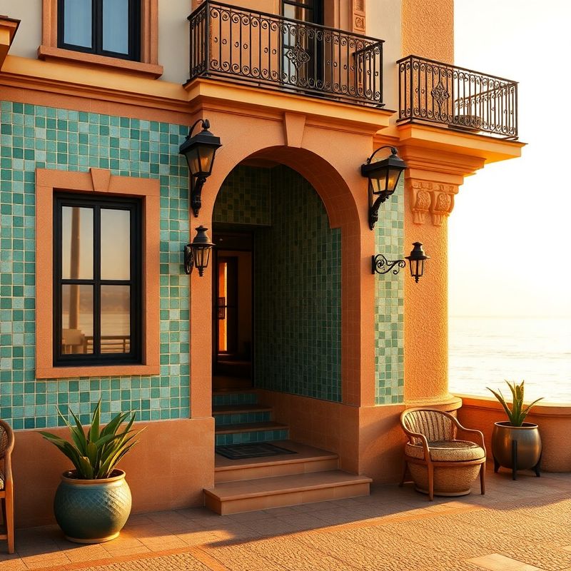 Terraeswift boutique hotel façade in Málaga with emerald-glazed tiles under Mediterranean morning light