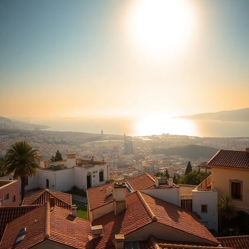 Panoramic view of Málaga city and the Mediterranean bay in golden afternoon light