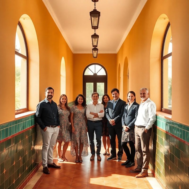 Small boutique team of Terraeswift in a sunlit Mediterranean corridor with emerald tile accents