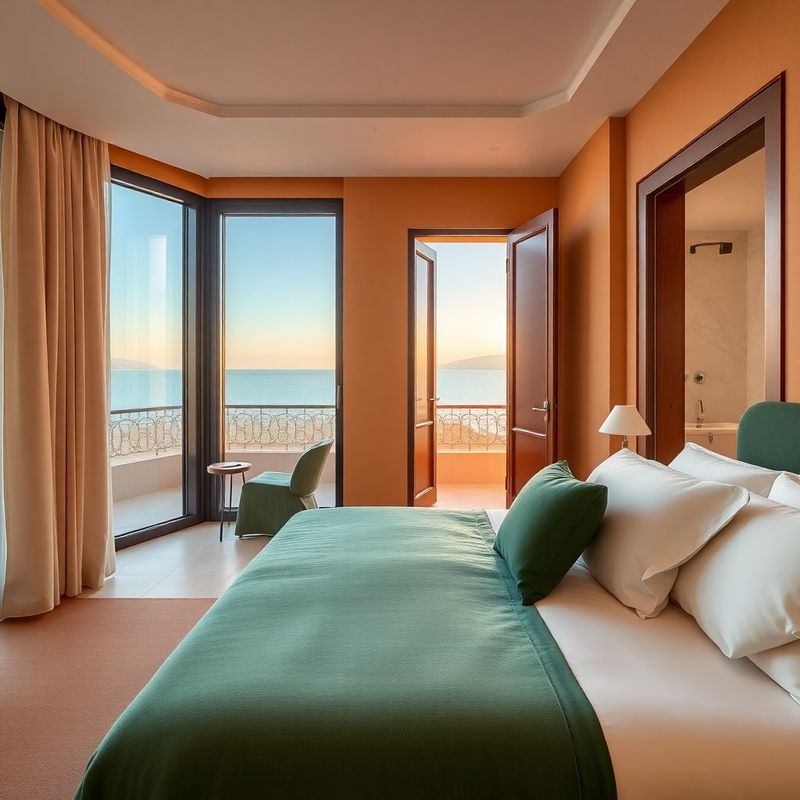 Terraeswift standard room with floor-to-ceiling sea-view glazing and emerald-and-cream linens